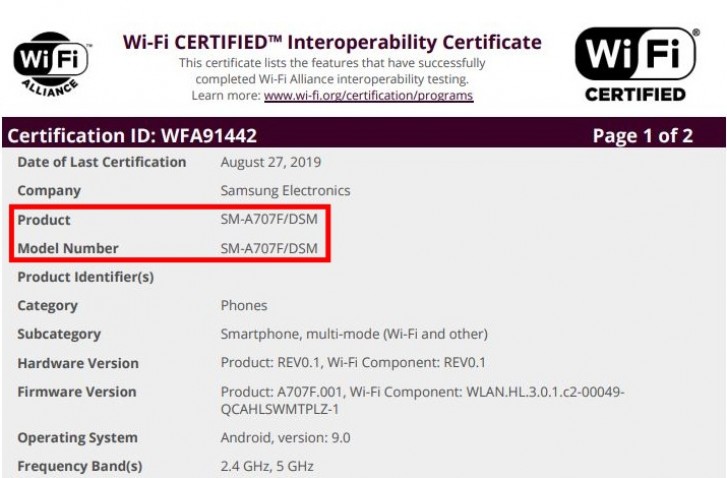 Samsung Galaxy A70s gets Wi-Fi Alliance certification 