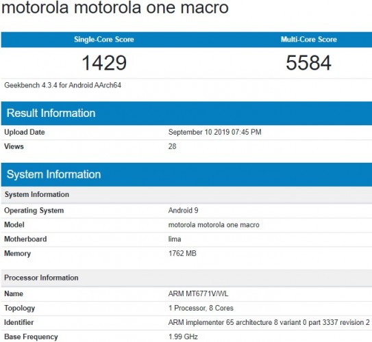 Motorola One Macro passes through Geekbench, live image surfaces