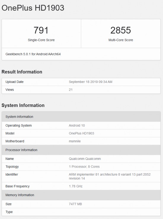 OnePlus 7T spotted on Geekbench running Android 10 and 8GB RAM