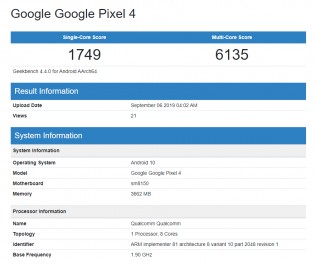 Geekbench results: Pixel 4