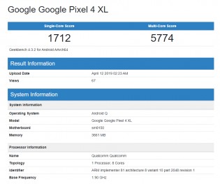 Geekbench results: Pixel 4 XL