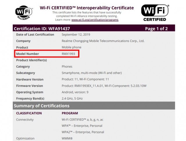 Realme RMX1993 Wi-Fi certificaiton