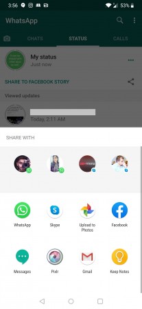 WhatsApp Status can be shared with Facebook Story and other apps