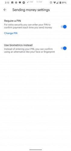 Google Pay version 2.100 biometric options