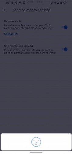 Google Pay version 2.100 biometric options