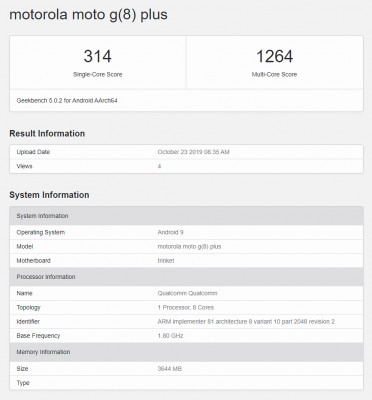 Moto G8 Plus in the Geekbench 5 database