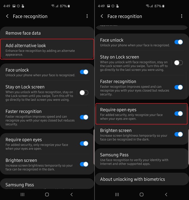 One UI 2.0 Face recognition options