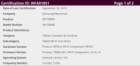 Samsung SM-T866N Galaxy Tab S6 5G certifications: Wi-Fi Alliance