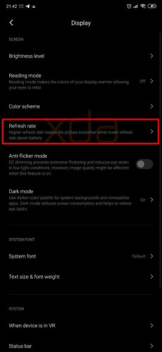 Refresh rate toggle in MIUI 11 display settings