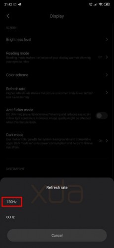 Refresh rate toggle in MIUI 11 display settings