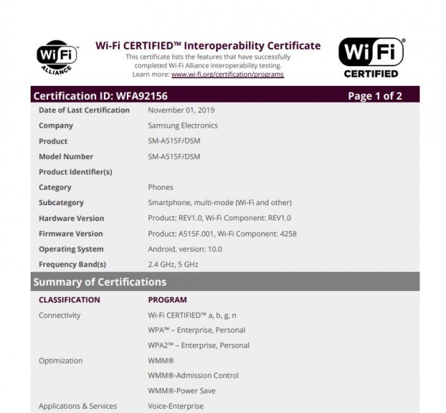 Samsung Galaxy A51 Wi-Fi certification