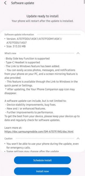 Samsung Galaxy A70s gets 'Link to Windows' and Type-C headset support with first update