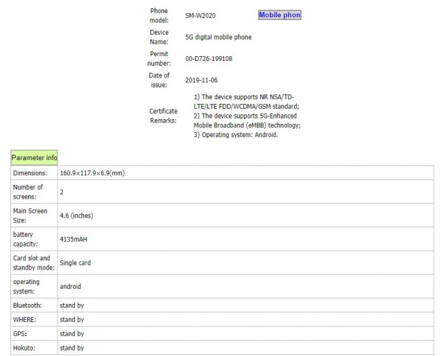 Galaxy W20 5G preliminary specs