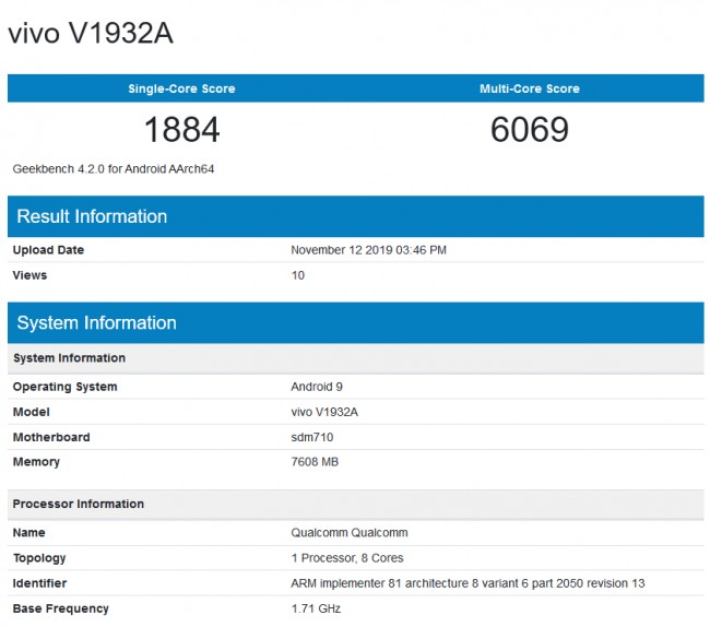Vivo S5 with 8GB RAM and Snapdragon 712 listed on Geekbench