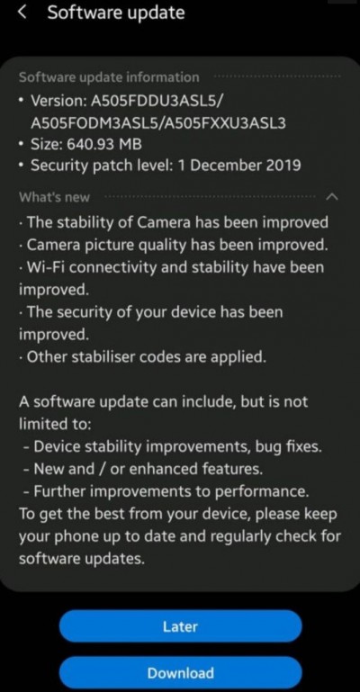 Samsung pushes December update for Galaxy A50