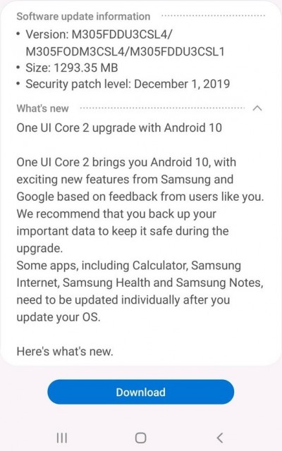 Samsung Galaxy M30 update changelog