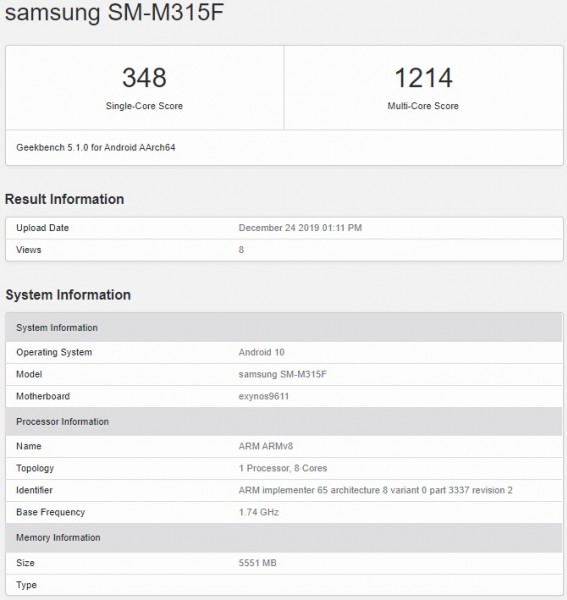 Alleged Samsung Galaxy M31 passes through Geekbench with an Exynos 9611 SoC