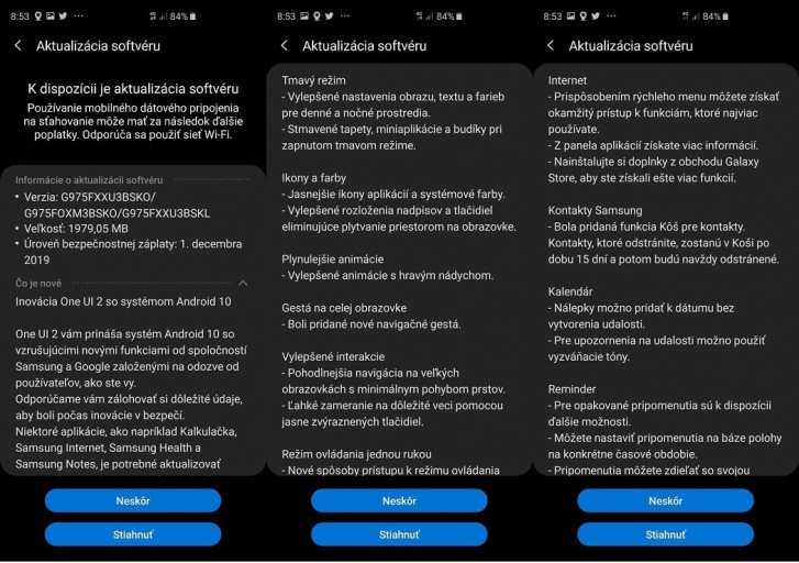 Samsung Galaxy S10+ update log in Slovak