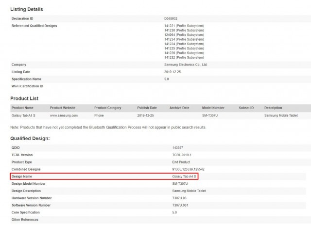 Galaxy Tab A4 S Bluetooth certification