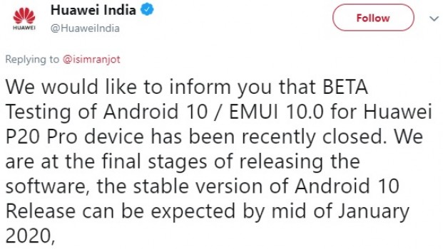 Huawei P20 Pro EMUI 10 update will roll out in India this month, Europe will get it in March