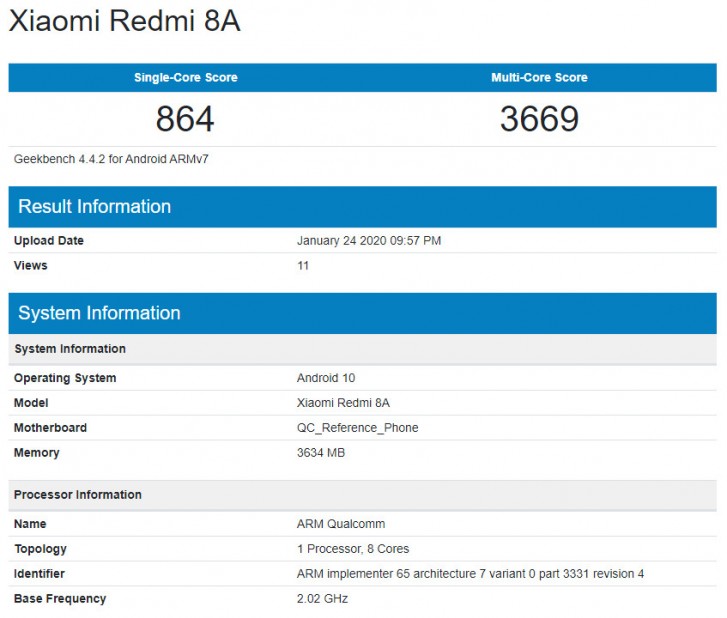 Geekbench'te Android 10'u çalıştıran Xiaomi Redmi 8A