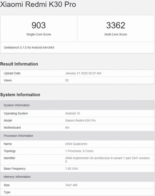 Redmi K30 Pro flexes Snapdragon 865 and 8GB of RAM on Geekbench