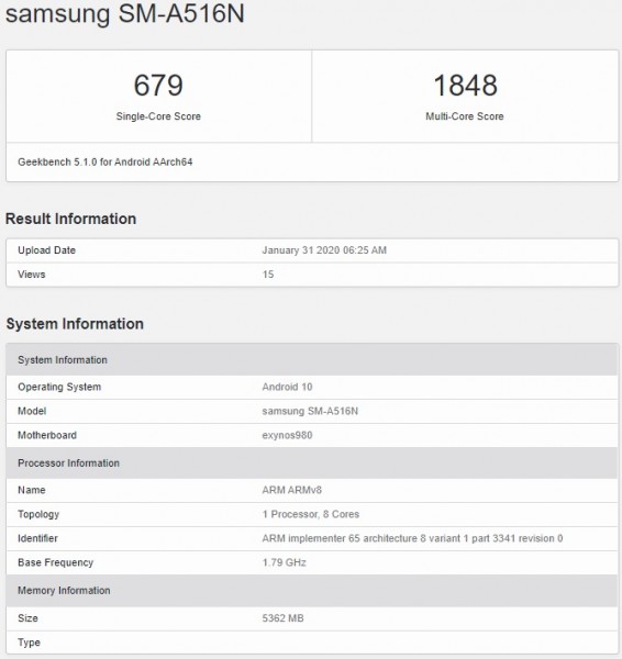 Samsung Galaxy A51 5G visits Geekbench