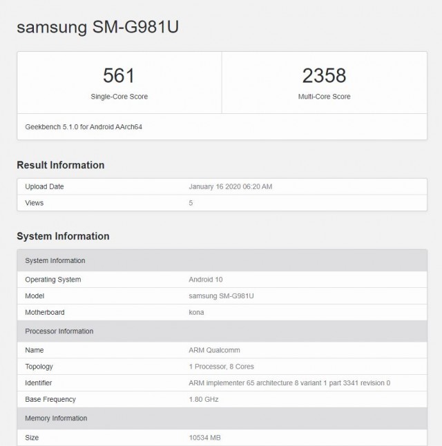 Samsung Galaxy S20 Geekbench listing