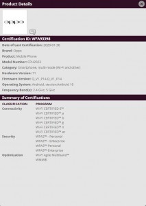 Wi-Fi certifications: Oppo Find X2 (CPH2023)