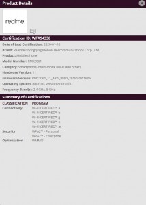 Wi-Fi certifications: Realme RMX2061