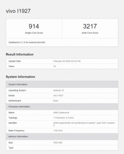 vivo iQOO 3 Geekbench listing