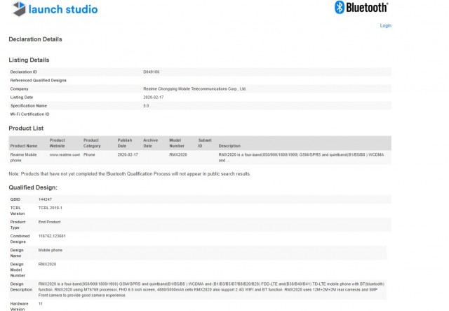 The RMX2020 certification at Bluetooth SIG