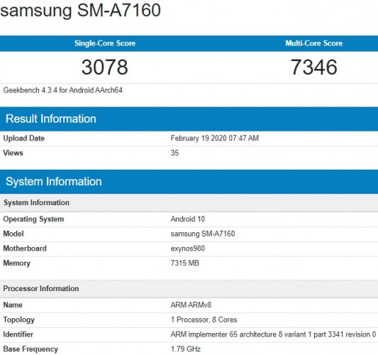 Samsung Galaxy A71 5G visits Geekbench with an Exynos 980 SoC