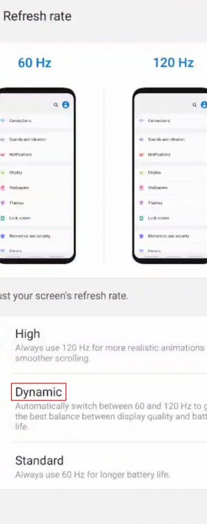 New Dynamic mode in Galaxy S20 display settings