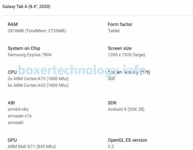 Samsung Galaxy Tab A 8.4 (2020) specs and render surface