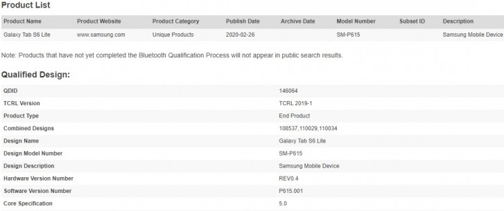 Samsung Galaxy Tab S6 Lite bags Bluetooth certification
