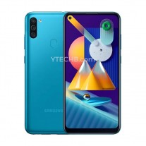 Samsung Galaxy M11 in black, purple, and Sky Blue