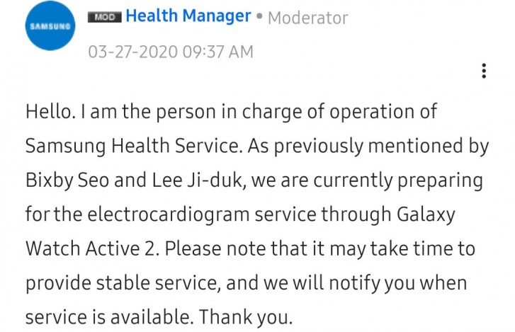 Electrocardiogram feature on Galaxy Watch Active2 delayed