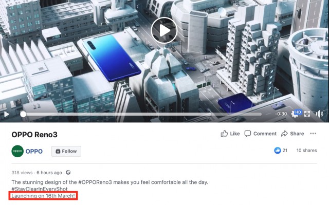 International Oppo Reno3 launch date confirmation