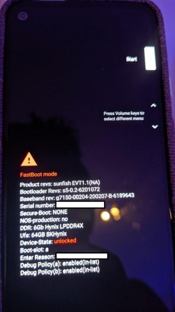 A photo of the Pixel 4a's bootloader