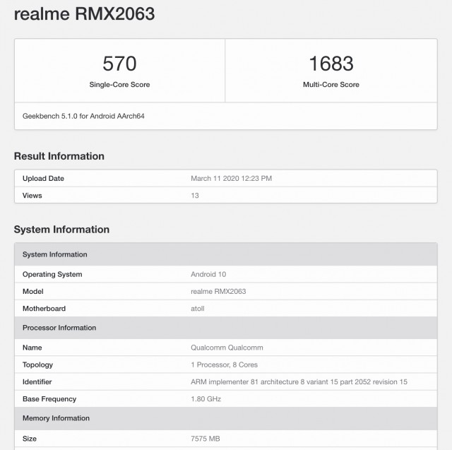 Realme RMX2063 Geekbench listing