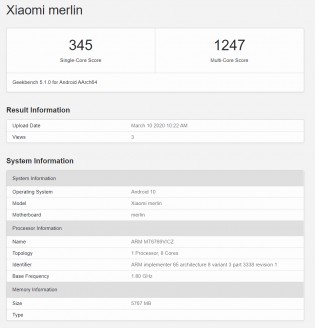 Geekbench v5.1: Xiaomi Redmi Note 9 (