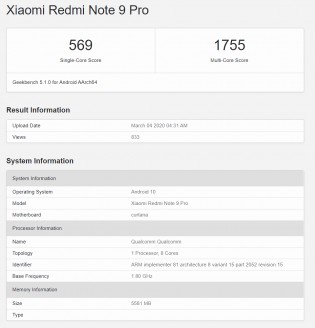 Geekbench v5.1: Redmi Note 9 Pro