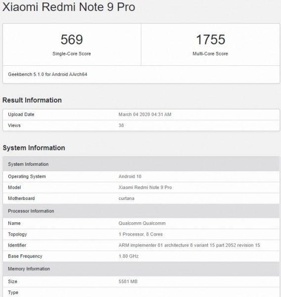 Redmi Note 9 Pro للملوثات العضوية الثابتة على Geekbench