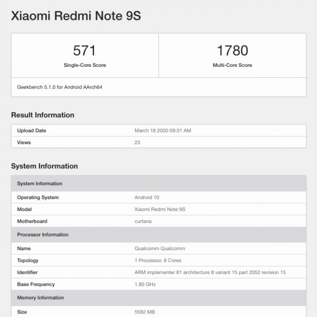 Redmi Note 9S Geekbench listing