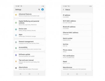 Samsung Galaxy A31 FCC listing and Settings Menu screenshot