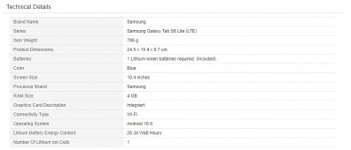 Samsung Galaxy Tab S6 Lite (LTE) specs by Amazon Germany