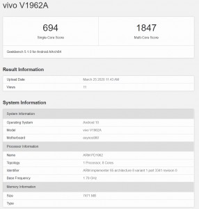 vivo S6 5G score in Geekbench v5.1