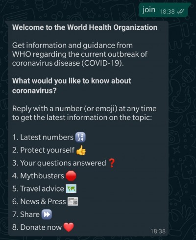 أرسل رسالة نصية WhatsApp bot وسوف تنشر معلومات حول COVID-19