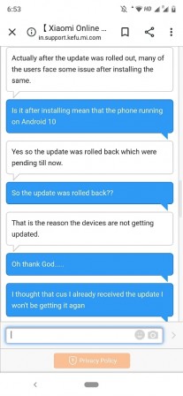 لقطات من التحديث والمحادثة مع Xiaomi Customer Care